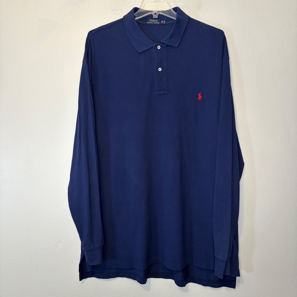 Polo Ralph Lauren Men 2XLT Navy Blue Long Sleeve Cotton Mesh Polo Shirt Red Pony